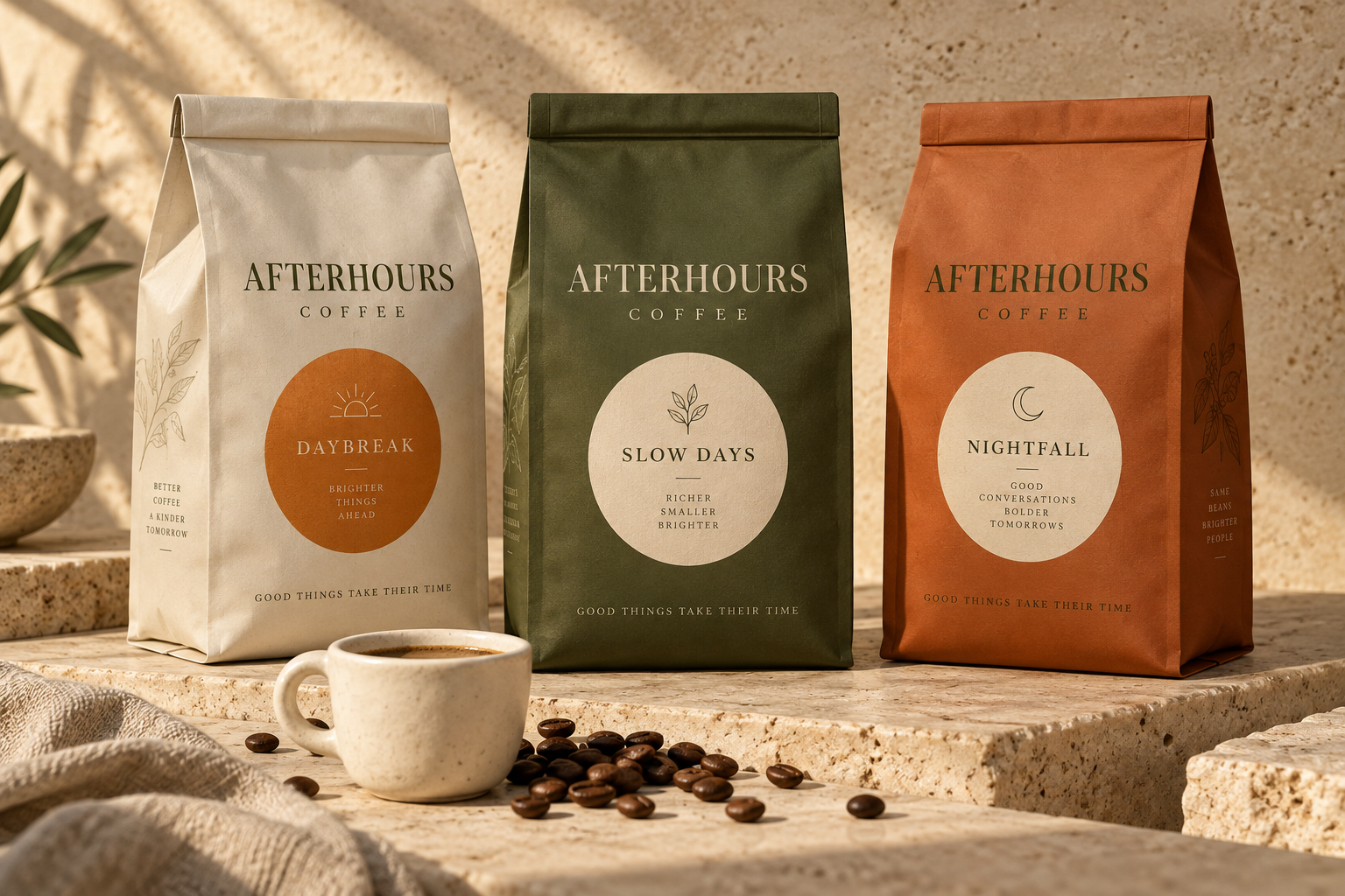 Afterhours Coffee collection: cream Daybreak, olive Slow Days and terracotta Nightfall bags on warm stone