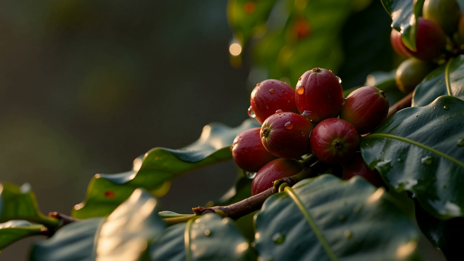 Ruby-red coffee cherries ripening among green leaves