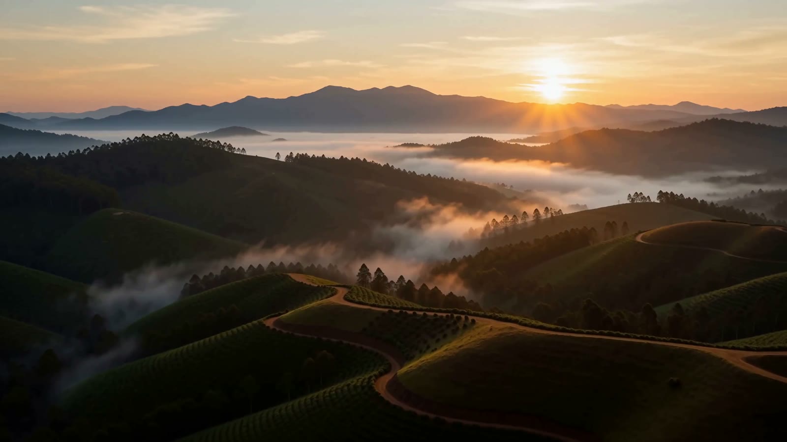 Misty coffee-growing hills in the first light of day