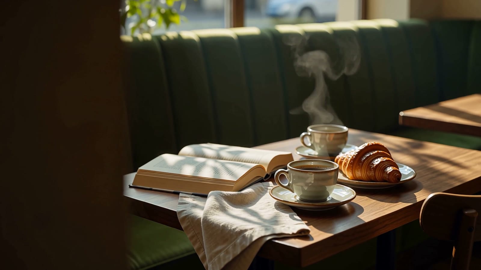 Two coffees, a croissant and an open book at a sunlit café table